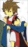  2boys black_hair brown_hair couple green_eyes hat multiple_boys ookido_green pokemon red red_(pokemon) red_eyes scarf short_hair smile snow winter yaoi 