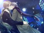  blonde_hair couple glasses grey_hair hug jacket kichiku_glasses kiss scarf short_hair snow winter yaoi 