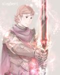  1boy armor cape character_name fire_emblem fire_emblem_if gloves grey_background pink_hair red_eyes siegbert_(fire_emblem_if) solo sparkle sword tico upper_body weapon 