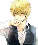  1boy blonde_hair blush bowtie durarara!! hand_on_own_face heiwajima_shizuo short_hair sweat yellow_eyes 