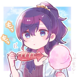  1girl :t asahina_mafuyu black_shirt blue_sky closed_mouth clouds collarbone cotton_candy day eating food fried_squid hair_between_eyes hair_over_shoulder holding holding_cotton_candy holding_food ikayaki keikyoku_no_machi_wa_doko_e_(project_sekai) long_hair open_clothes open_shirt ponytail project_sekai purple_hair red_sweater ribbed_shirt scrunchie shirt sky sorimachi-doufu sweater translation_request upper_body violet_eyes white_shirt 