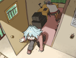  3boys black_pants book crt desk doorway grey_eyes hercules_beetle hot indoors maeda_hayato male_focus marufuji_sho moiko multiple_boys open_mouth pants short_hair summer sunlight sweat twitter_username yu-gi-oh! yu-gi-oh!_gx yuki_judai 