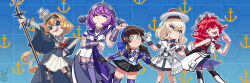  5girls absurdres anchor_symbol ascot beret black_garter_straps black_gloves black_hairband black_skirt black_thighhighs blonde_hair blue_capelet blue_eyes blue_hair blue_hairband blue_overskirt blue_ribbon blue_skirt blunt_sidelocks boots brown_hair capelet collar colored_inner_hair crown dress earrings fang flag_print flower freckles french_flag french_flag_print garter_straps gloire_(kancolle) gloves green_eyes grey_eyes grey_garter_straps hair_between_eyes hair_ribbon hairband hat headgear highres jewelry kantai_collection lexington_(kancolle) long_hair long_necktie looking_at_viewer low-tied_long_hair medium_hair metal_collar mini_crown miniskirt mogador_(kancolle) mole mole_on_neck multicolored_hair multiple_girls neckerchief necklace necktie orange_eyes phoenix_(kancolle) purple_hair purple_necktie purple_sailor_collar purple_thighhighs red_ascot red_flower red_rose redhead ribbon ron_(pixiv83091338) rose sailor_collar sailor_dress scepter short_dress short_hair short_sleeves skirt sleeveless striped_neckerchief thigh-highs thigh_boots tie_clip toon_(style) valiant_(kancolle) very_long_hair violet_eyes white_dress white_gloves white_hat white_overskirt 