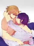  blue_eyes brown_hair couple crying hug mutou_tooru natsuno_yuuki pants purple_hair sad shiki short_hair smile violet_eyes yaoi 