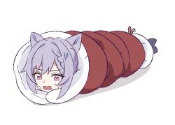  1girl cone_hair_bun genshin_impact hair_bun highres keqing_(genshin_impact) lying open_mouth purple_hair restrained short_hair sidelocks simple_background solo sweat violet_eyes white_background wrapped_up wu_qin_(gyxx_04) 