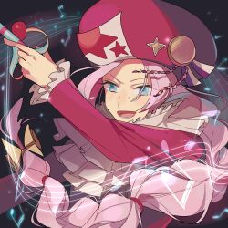  1boy ascot blue_eyes bow classicaloid conductor_baton eyelashes hat highres holding_baton long_braid long_sleeves male_focus musical_note open_mouth pawpawrim pink_hair red_hat staff_(music) tears upper_body white_ascot wolfgang_amadeus_mozart_(classicaloid) yellow_bow 