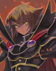  1boy antenna_hair armor black_armor closed_mouth cosplay_request dated expressionless hair_between_eyes high_collar male_focus moiko orange_background short_hair solo upper_body yellow_eyes yu-gi-oh! yu-gi-oh!_gx yuki_judai 
