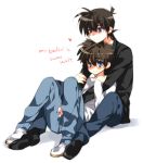  ahoge black_hair blue_eyes blush brown_hair couple heart hug kudou_shinichi kuroba_kaitou meitantei_conan pants short_hair smile yaoi 