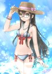  1girl black_hair blue_eyes bracelet glasses hat jewelry kantai_collection long_hair looking_at_viewer navel necklace ooyodo_(kantai_collection) selene_kaguya smile solo sun_hat swimsuit 