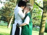  amano_ginji black_hair blonde_hair cosplay couple getbackers glasses hug kiss midou_ban pants short_hair sunglasses tree yaoi 