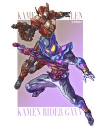  absurdres armor bodysuit boots brown_armor character_name chocodon_(white_chocolate) chocolate full_body gloves gun henshin_belt_gavv highres holding holding_gun holding_sword holding_weapon kamen_rider kamen_rider_gavv kamen_rider_gavv_(series) kamen_rider_valen male_focus popping_gummy purple_armor red_armor rider_belt sword tokusatsu user_vuhv7725 weapon 
