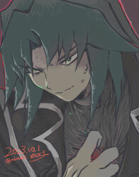  1boy black_coat black_shirt brown_background clenched_hand closed_mouth coat dated glaring green_eyes long_hair looking_ahead male_focus marufuji_ryo moiko nervous_sweating shirt solo sweat yu-gi-oh! yu-gi-oh!_gx 
