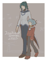  2boys blue_hair blue_pants border brothers closed_mouth dated full_body glasses green_hair grey_jacket jacket lighthouse long_sleeves looking_at_another male_focus marufuji_ryo marufuji_sho moiko multiple_boys pants red_footwear red_jacket shoes short_hair siblings sleeves_past_wrists tailcoat walking white_border yu-gi-oh! yu-gi-oh!_gx 