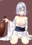  1girl bare_shoulders barefoot blue_eyes blush bottle breasts breasts_apart hair_ornament hair_over_one_eye hairclip hamakaze_(kantai_collection) heavy_breathing highres japanese_clothes kantai_collection kimono looking_at_viewer miyakura_shiiha obi off_shoulder open_mouth sake_bottle sash silver_hair simple_background sitting solo twitter_username wariza wide_sleeves yukata 