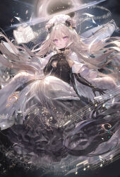  1girl ahoge angel_wings black_bodysuit black_dress black_hole blonde_hair bodysuit bow bowtie brooch capelet collar dark_background double-parted_bangs double_bun dress feathered_wings floating flower frilled_collar frilled_dress frills gloves gold_trim hair_bun hair_flower hair_ornament hair_spread_out halo halo_behind_head hand_on_own_chest headdress highres jewelry light_rays long_dress long_hair low_wings musical_note onineko original parted_lips sheet_music skull_ornament solo staff_(music) violet_eyes white_capelet white_headdress wings 