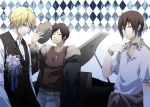  black_hair blonde_hair brown_eyes choker durarara!! flower glasses group hat heiwajima_kasuka heiwajima_shizuo jacket jewelry musical_instrument orihara_izaya red_eyes smile suit sunglasses yellow_eyes 