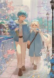  1boy 1girl absurdres alternate_costume bag baidi_de_xiao_weiba beamed_eighth_notes beret blue_coat blue_eyes blue_flower blue_hair blue_hat blue_jacket bouquet brick_floor brown_bag brown_footwear city coat couple earrings eighth_note elf flower frieren full_body green_eyes grin hat hetero highres himmel_(sousou_no_frieren) holding holding_bouquet holding_hands jacket jewelry lamppost long_hair long_skirt looking_at_another musical_note neckerchief outdoors pants parted_bangs pink_flower pointy_ears road scarf shirt short_hair shoulder_bag skirt smile sousou_no_frieren staff_(music) street treble_clef walking white_hair white_neckerchief white_pants white_scarf white_shirt white_skirt 