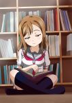  1girl artist_request book brown_eyes brown_hair kunikida_hanamaru long_hair love_live!_school_idol_project love_live!_sunshine!! no_shoes sitting smile 