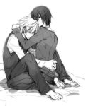  barefoot bed durarara!! heiwajima_kasuka heiwajima_shizuo hug monochrome pants short_hair yaoi 