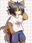  1girl black_hair brown_eyes cat female furry liu_wo short_hair short_pants solo two_tails 