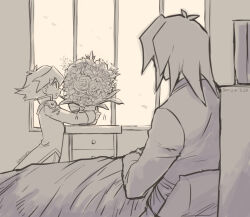  2boys bed blanket brothers dated desk flower flower_pot glasses holding holding_flower_pot jacket long_sleeves male_focus marufuji_ryo marufuji_sho moiko monochrome multiple_boys open_mouth short_hair siblings twitter_username window yu-gi-oh! yu-gi-oh!_gx 