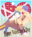  abstract_background ahoge blonde_hair blue_hair clothes couple english_text heart kagamine_len kaito kiss outlined_character pants ponytail scarf short_hair shorts star stars sweatdrop text tongue valentine vocaloid yaoi 
