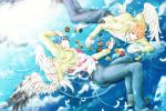  angel_beats! blue_eyes blue_hair flower hinata orange_eyes orange_hair otonashi pants seifuku smile water wings 