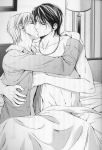  2boys bed black_hair couple hug indoors jewelry kiss male_focus monochrome multiple_boys short_hair yaoi 