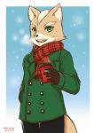  1boy artist_request border coat fox fox_mccloud furry green_eyes nintendo scarf solo star_fox upper_body white_border winter 