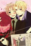  ahoge america axis_powers_hetalia black_eyes blonde_hair blush brown_hair camera couple flower glasses green_eyes happy heart jewelry necktie ribbon short_hair smile suit united_kingdom wink yaoi 