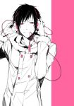  1boy black_hair durarara!! headphones jacket male_focus monochrome orihara_izaya pink_eyes short_hair smile solo spot_color white_background 