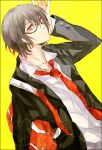  1boy black_hair durarara!! glasses kishitani_shinra red_eyes school_bag school_uniform simple_background solo under-rim_glasses yellow_background 