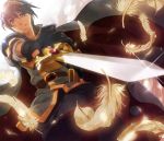  blue_eyes blue_hair cape feather fire_emblem gloves marth pants royalty short_hair smile sword 