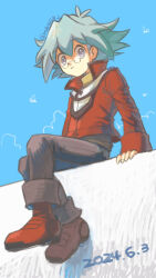  1boy arm_support black_pants blue_hair closed_mouth dated fingernails full_body glasses grey_eyes long_sleeves looking_at_viewer male_focus marufuji_sho moiko pants red_footwear short_hair sitting solo twitter_username yu-gi-oh! yu-gi-oh!_gx 