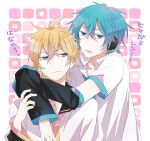  2boys ahoge angry blonde_hair blue_eyes blue_hair genderswap hatsune_mikuo headphones hug kagamine_len male_focus multiple_boys necktie necktie serafuku short_hair sweat violet_eyes vocaloid 