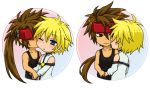  blonde_hair blue_eyes blush brown_hair chibi couple guilty_gear hand_holding kiss ky_kiske long_hair ponytail red_eyes short_hair smile sol_badguy yaoi 