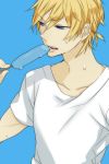  1boy blonde_hair blue_eyes heiwajima_shizuo ice_cream male_focus shirt short_hair solo sweat t-shirt violet_eyes 