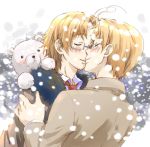  2boys ahoge america axis_powers_hetalia blonde_hair blush canada coat couple glasses jacket kiss male_focus multiple_boys necktie shirt short_hair smile snow teddy_bear winter yaoi 