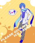 blue_hair clothes english_text heart jacket kaito pants scarf smile speech_bubble tasuku text violet_eyes vocaloid 