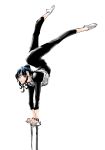  1girl black_eyes black_hair bodysuit contortion female handstanding legs_up looking_at_viewer simple_background solo tnsdl85 white_background 