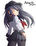  1girl ;) akatsuki_(kantai_collection) anchor_symbol artist_name back black_legwear blouse blush flat_cap hair_between_eyes hat kantai_collection long_hair long_sleeves looking_at_viewer looking_back messy_hair one_eye_closed pantyhose pleated_skirt remodel_(kantai_collection) school_uniform serafuku simple_background skirt smile solo violet_eyes white_background yayoi_kotoyuki 