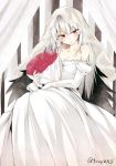  1girl :o alternate_costume bare_shoulders black_wings blush bouquet breasts bridal_veil cleavage collarbone doll_joints dress elbow_gloves flower folded_wings gloves long_hair looking_at_viewer medium_breasts parted_lips red_eyes red_rose rose rozen_maiden silver_hair solo suigintou tousen twitter_username veil wedding_dress white_dress white_gloves wings 