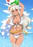  1girl :d aoi_renji arm_up ball beachball bikini blush breasts clouds collarbone dark_skin eyebrows eyebrows_visible_through_hair flower front-tie_top granblue_fantasy grey_hair groin hair_flower hair_ornament hand_on_hip head_tilt highres innertube large_breasts long_hair looking_at_viewer medium_breasts navel open_mouth outdoors red_eyes silver_hair sky smile solo standing swimsuit the_order_grande thigh_gap very_long_hair white_bikini 