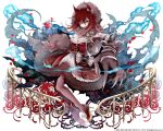  1girl 2016 animal_ears bati15 breasts brown_eyes claws cleavage cuffs dress flower full_body fur_trim high_heels hood kai-ri-sei_million_arthur looking_at_viewer million_arthur_(series) monster_girl official_art paws red_dress red_shoes redhead rose shackles shoes solo transformation watermark 