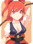  1girl arms_up breasts cleavage coin hair_bobbles hair_ornament highres japanese_clothes looking_at_viewer nurupo_(abooon) obi onozuka_komachi parted_lips red_eyes redhead sash scythe solo touhou twintails upper_body 