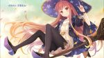  1girl atelier_(series) atelier_escha_&amp;_logy black_legwear brown_hair dress end_card female fukahire_sanba hat highres index_finger_raised jpeg_artifacts long_hair looking_at_viewer orange_eyes pantyhose sitting smile solo wilbell_voll=erslied witch_hat 