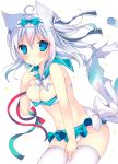  1girl ahoge animal_ears bangs bare_arms bare_shoulders bikini blue_bow blue_eyes blush bow bowtie breasts cat_ears cat_tail cleavage cowboy_shot eyebrows eyebrows_visible_through_hair frilled_bikini frills hair_between_eyes hair_bow hair_ribbon hand_up leaning_forward looking_at_viewer medium_breasts navel original parted_lips ribbon sailor_collar satsuki_mayuri simple_background solo standing stomach swimsuit tail thigh-highs white_background white_bow white_bowtie white_hair white_legwear 