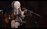  1girl absurdres bangs black_jacket blurry blurry_background collared_shirt dark girls_frontline guitar hair_between_eyes headphones highres holding holding_instrument indoors instrument jacket jeynine9 letterboxed m200_(girls_frontline) microphone microphone_stand music necktie pleated_skirt shirt short_hair singing sitting skirt solo violet_eyes white_hair white_shirt 