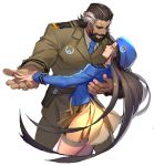  1boy 1girl absurdres alternate_costume ana_(overwatch) beard beret big_hands blue_jacket blue_necktie brown_hair captain_amari closed_eyes cowboy_shot dancing dress_shirt emblem eye_of_horus facial_hair facial_mark facial_tattoo han-0v0 hand_on_another&#039;s_back hand_on_another&#039;s_hand hat highres holster jacket lips logo long_hair long_sleeves military military_uniform mustache necktie overwatch pants parted_lips pink_lips pleated_skirt reinhardt_(overwatch) scar scar_across_eye shirt short_hair simple_background skirt tattoo uniform very_long_hair white_background white_shirt yellow_skirt younger 