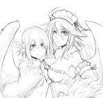  2girls ahoge artist_request asymmetrical_docking breast_press breasts feathers greyscale griffon_(monster_girl_encyclopedia) hair_feathers highres large_breasts looking_at_viewer maid_headdress monochrome monster_girl_encyclopedia multiple_girls sketch small_breasts source_request spiky_hair wings 